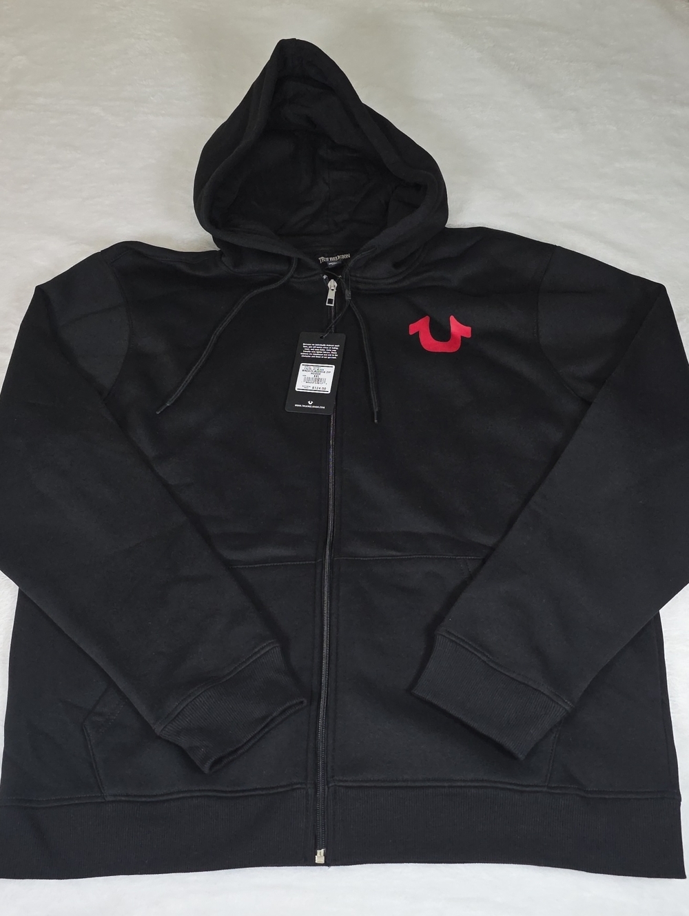 True Religion Men's Black Full-Zip Hoodie with Red Horseshoe Emblem Size 2xL